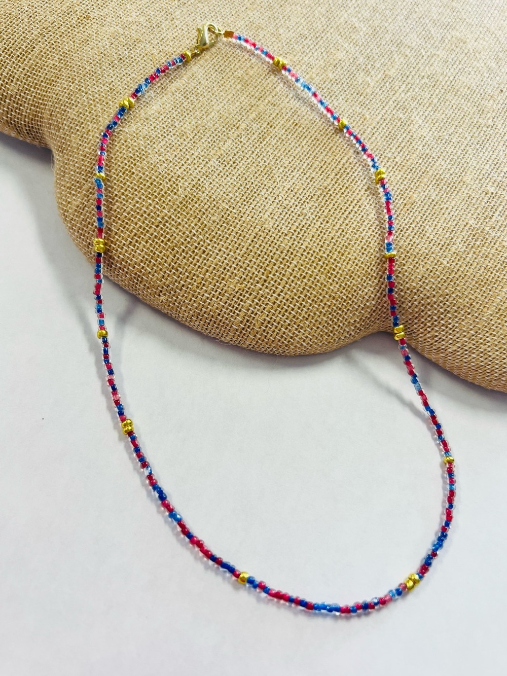 Handmade Seed Bead Necklace - Blue & Red